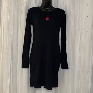NWT Wild Fable Black Ribbed Bodycon dress with embroidered rose #10178